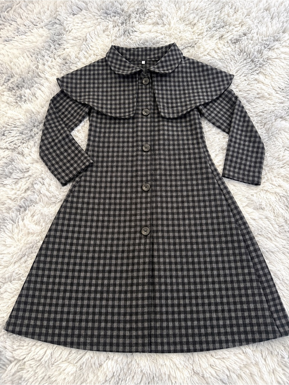 Girls' Grey Plaid Button-Front Dress with Cape Collar